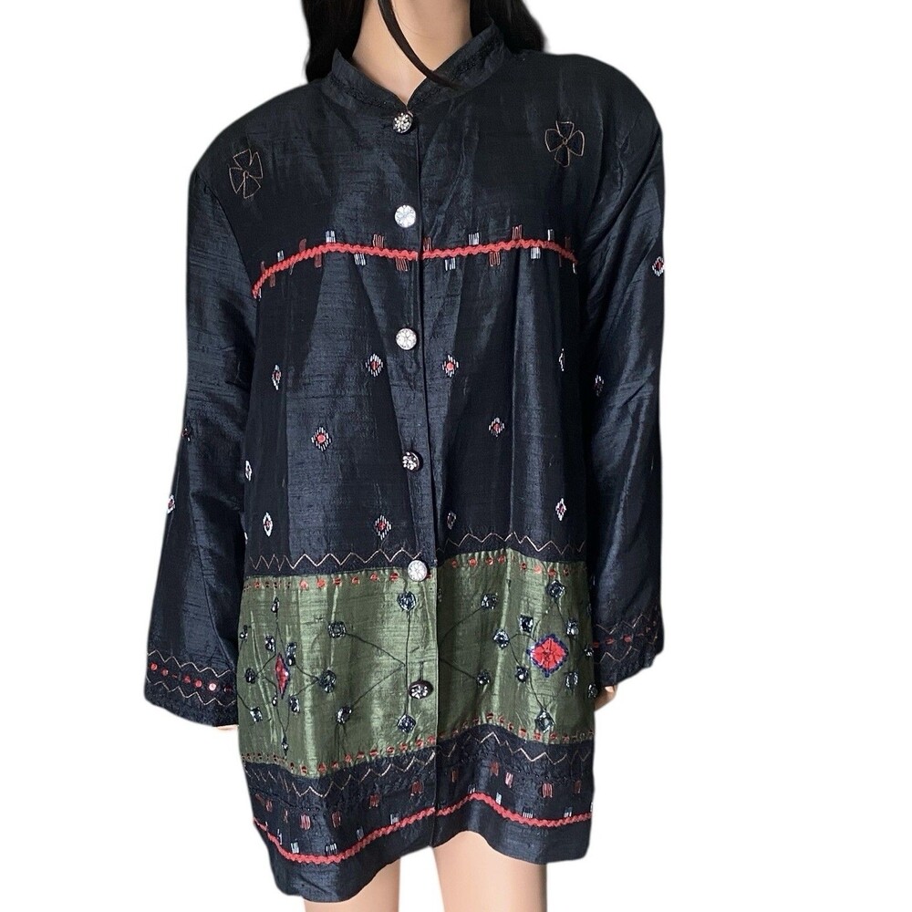 Ulla Popken Vintage Beaded Silk Jacket 24 26 Button Front Art to Wear Boho